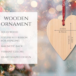 Caractéristiques principales de l'ornement en bois en forme de coeur et guide des tailles, carte d'informations sur l'ornement en bois à dos magnétique, outils pour vendeur POD Etsy