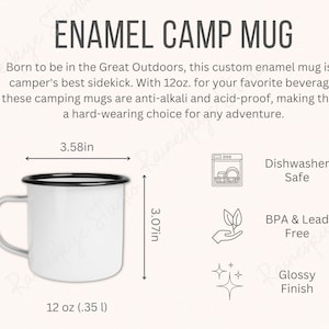 Tableau des tailles et description des tasses de camp en émail, taille de tasse de 12 oz, maquette de tasse de camping, outils pour vendeur POD Etsy