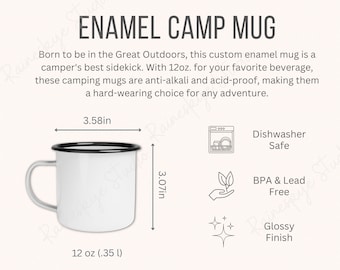 Tabla de tallas y descripción de tazas de campamento esmaltadas, tamaño de taza de 12 oz, maqueta de taza de camping, herramientas para vendedores de Etsy POD