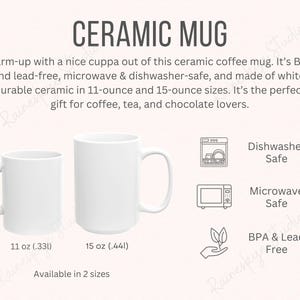 Viktiga funktioner och beskrivning av vit keramikmugg, koppstorlekar 11oz och 15oz, informationskort för kaffemugg, POD Etsy-säljverktyg