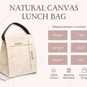 Canvas Lunch Bag With Strap Size Chart and Key Features, Natural Canvas Lunch Bag Size Guide, POD Etsy Seller Tools