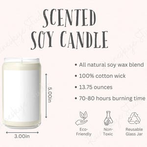 Tabela de tamanhos e principais características de velas de soja perfumadas de 13,75 oz, maquete de vela de 13,75 oz, ferramentas para vendedores da Etsy