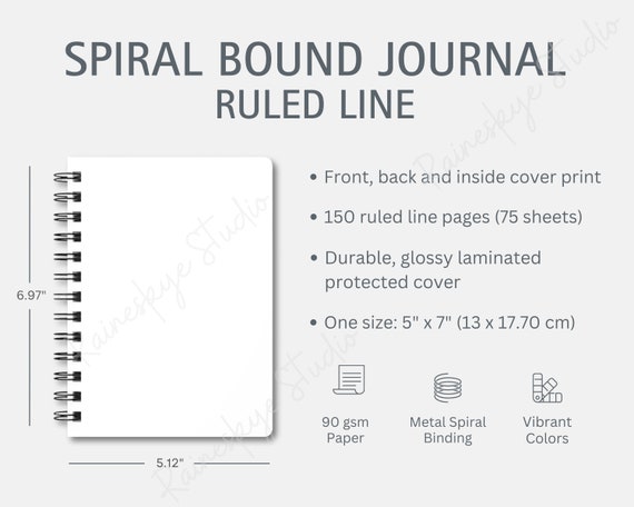 Spiral Journal Size Chart and Key Features, Ruled Line Spiral Journal Size Chart, Printify Spiral Journal Mockup for Etsy Sellers