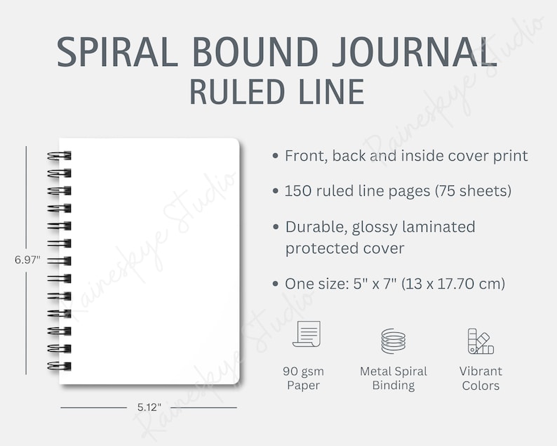 May include: A white spiral bound journal with ruled lines. The journal is 5 inches by 7 inches and has 150 pages. It features a durable, glossy laminated cover and a metal spiral binding.