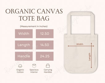 Organic Canvas Tote Bag Size Chart and Features, Econscious EC8040 Tote Mockup Size Guide and Key Features, Etsy Seller POD Tools