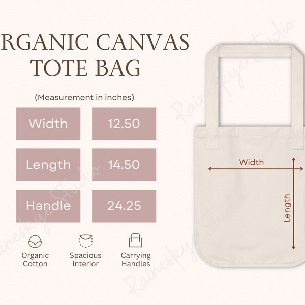 Organic Canvas Tote Bag Size Chart and Features, Econscious EC8040 Tote Mockup Size Guide and Key Features, Etsy Seller POD Tools