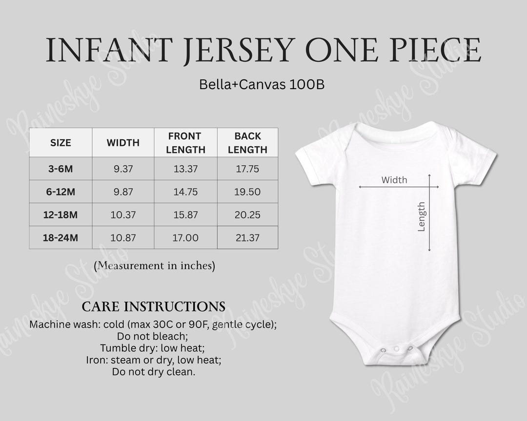 Infant Jersey One Piece Size Chart and Care Instructions, Bella