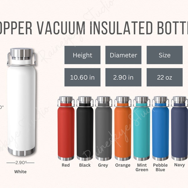 Copper Vacuum Insulated Bottle Size and Color Chart, 22oz Copper Vacuum Insulated Bottle Mockup, Color Variations, Etsy Seller Listing Tool