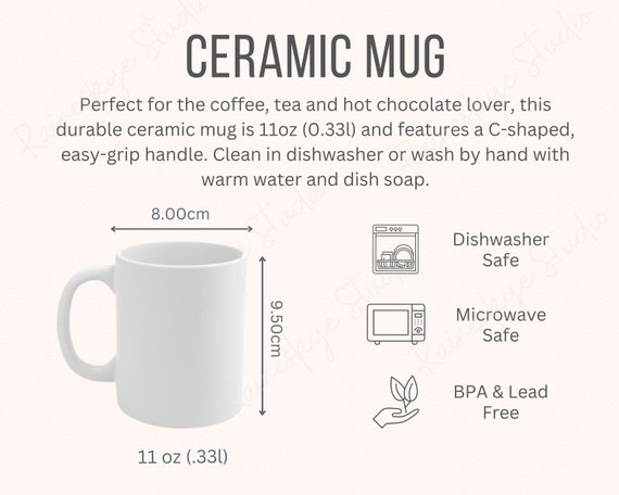 Ceramic Mug Size Chart and Description, 11oz Cup Size, Coffee Mug Mockup, 2  JPG Files Metric and Imperial Measurements - Etsy