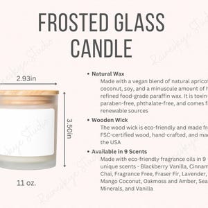 Tabela de tamanhos de velas de vidro fosco de 11 onças e cartão de informações sobre os principais recursos, maquete de vela de coco com damasco e pavio de madeira, ferramenta de listagem de POD do vendedor Etsy