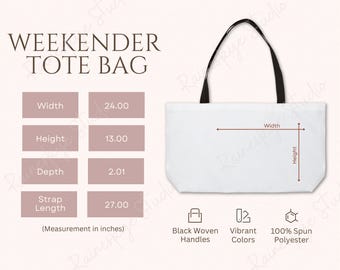 Weekender Black Handle Tote Bag Size Chart and Key Features, Weekender AOP Tote Size Guide Info Card, POD Etsy Seller Tools