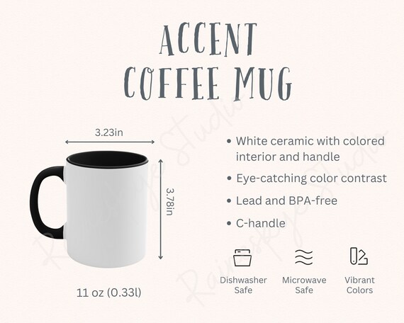 Accent Coffee Mug Size Chart and Description, 11oz Ceramic Cup Size, Coffee Mug Mockup, Colorful Interior Mug Size Chart for Sellers