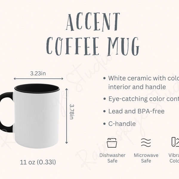 Accent Coffee Mug Size Chart and Description, 11oz Ceramic Cup Size, Coffee Mug Mockup, Colorful Interior Mug Size Chart for Sellers