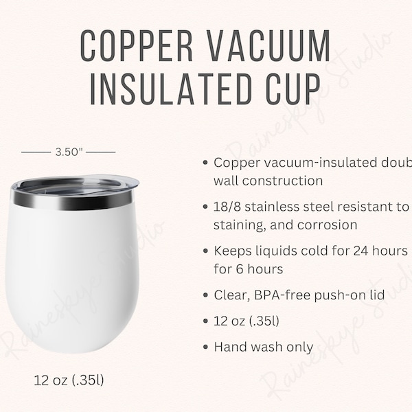 Copper Vacuum Insulated Cup Chart and Description, 12oz Cup Size, Printify Insulated Cup Mockup, Care Instructions and Specs