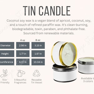 Puede incluir: Dos velas de lata, una con tapa dorada y otra con tapa plateada. Las velas están disponibles en tres colores. Las velas están hechas con cera de soja de coco y son ecológicas, biodegradables, sin toxinas, sin parabenos y sin ftalatos. Las velas están disponibles en tamaños de 4 oz y 8 oz. Las velas son reutilizables y vienen en cinco hermosas fragancias.