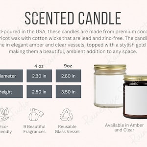 Tabela de tamanhos e descrição de velas perfumadas de coco e damasco, guia de tamanhos e principais recursos de velas com tampa dourada, ferramenta de listagem de POD do vendedor Etsy