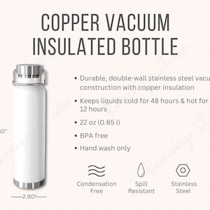 May include: White copper vacuum insulated bottle with a silver lid and handle. The bottle is 10.6 inches tall and 2.9 inches wide. It is condensation free, spill resistant, and made of stainless steel. The bottle keeps liquids cold for 48 hours and hot for 12 hours. It is BPA free and hand wash only.