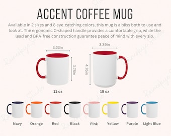 Accent Coffee Mug Mockup Size Guide and Color Chart, 11oz and 15oz Ceramic Cup Size, Coffee Mug Color Guide, POD Etsy Seller Tools