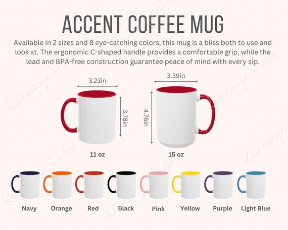 Accent Coffee Mug Mockup Size Guide and Color Chart, 11oz and 15oz Ceramic Cup Size, Coffee Mug Color Guide, POD Etsy Seller Tools