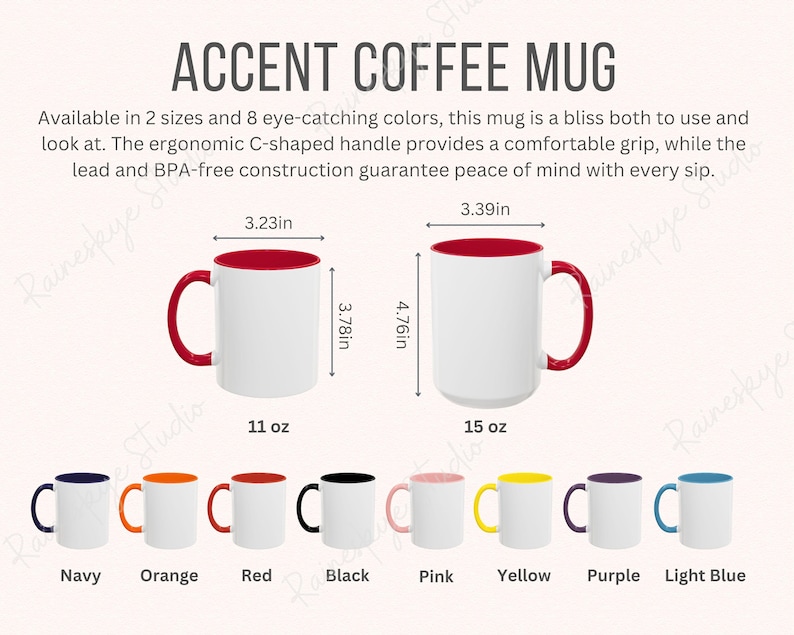 Pu&ograve; includere: Tazze da caff&egrave; bianche con interni e manici colorati. Disponibili nelle misure da 11 oz e 15 oz, con dimensioni di 8,2 cm x 9,6 cm e 8,6 cm x 12,1 cm. Colori: blu navy, arancione, rosso, nero, rosa, giallo, viola e azzurro. Il testo "ACCENT COFFEE MUG" &egrave; visualizzato.