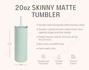 Maars Maker Skinny Matte 20oz Tumbler Size Chart and Description, Skinny Tumbler Mockup, Care Instructions , Tumbler Printify Listing Tool