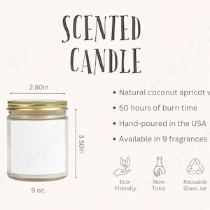 Vela perfumada de coco e damasco, frasco transparente, maquete de 9 onças, tabela de tamanhos de velas com tampa dourada e maquete de principais recursos, ferramenta de listagem de POD do vendedor Etsy