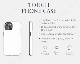 Características principais da capa resistente para celular: acabamento brilhante ou fosco, capa de dupla camada, cartão informativo para ferramentas de vendedor de impressão sob demanda (POD) do Etsy.