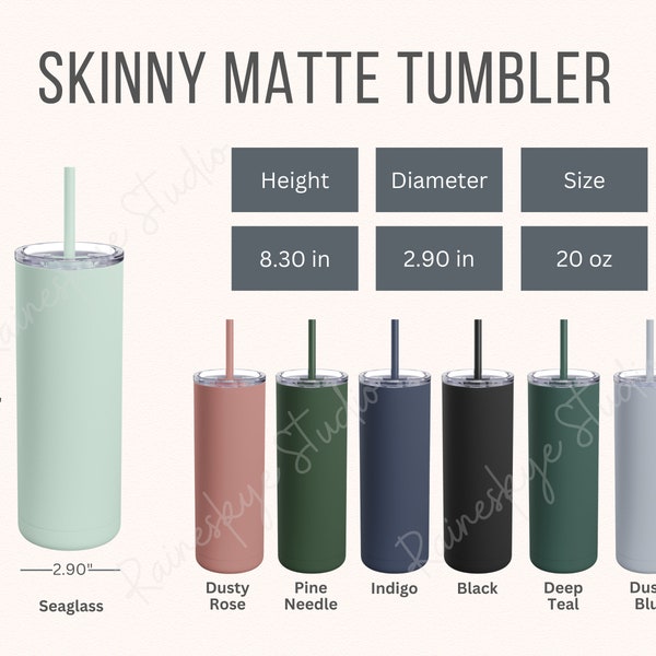 Maars Maker Skinny Matte 20oz Tumbler Größentabelle und Farbtabelle, Skinny Tumbler Mockup, Farbvariationen, Tumbler Print heraus