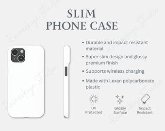 Slim Phone Case Mockup Key Features and Info Chart, Generic Brand Tough Case, Slim Phone Case Product Details, POD Etsy Seller Tools