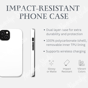 Caractéristiques principales de la coque de téléphone résistante aux chocs, carte d'informations sur la coque de téléphone double couche, étui de chargement sans fil brillant ou mat, outils pour vendeur POD Etsy