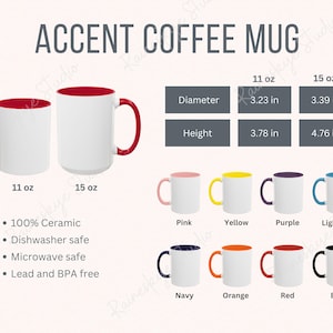 Accent Coffee Mug Info Card, Size Guide, Color Chart, 11oz 15oz Ceramic Cup Size, Coffee Mug Color Guide, Size Chart, POD Etsy Seller Tools