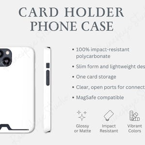Card Holder Phone Case Key Features, Phone Case with Card Holder Mockup, MagSafe Slim Design Card Holder Phone Case Info, Etsy Seller Tools