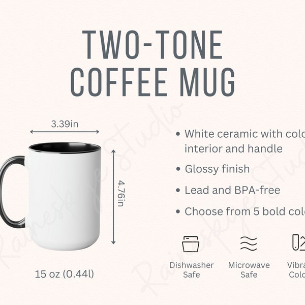 Two-Tone Coffee Mug Size Chart and Description, 15oz Ceramic Cup Size, Coffee Mug Mockup, Colorful Interior Mug Size Chart for Etsy Sellers