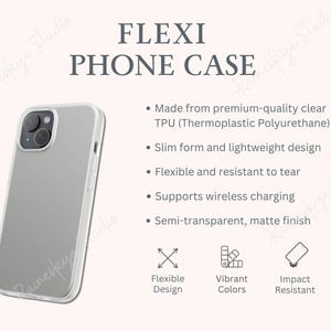 Caractéristiques principales de la coque de téléphone Flexi, carte d'informations sur la coque de téléphone flexible et mince, description de la coque de téléphone TPU résistante aux chocs, outils pour vendeur POD Etsy