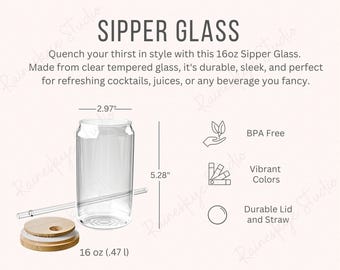 16oz Sipper Glass Size Chart and Key Features Mockup, Sipper Glass With Straw, Etsy Mockup Tools For Sellers, POD Etsy Seller Tools