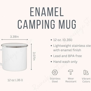 Emaille Camping Becher Größentabelle und Beschreibung, Edelstahl 12 Unzen Becher Größe, Camping Becher Mockup