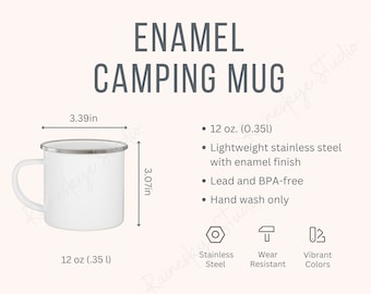 Tabla de tallas y descripción de tazas de camping esmaltadas, taza de acero inoxidable de 12 oz, maqueta de taza de camping
