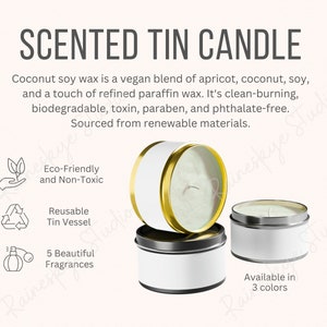 Principais características e descrições dos aromas da vela de lata perfumada, ferramenta de listagem de vendedores do POD Etsy, inclui 2 arquivos JPG