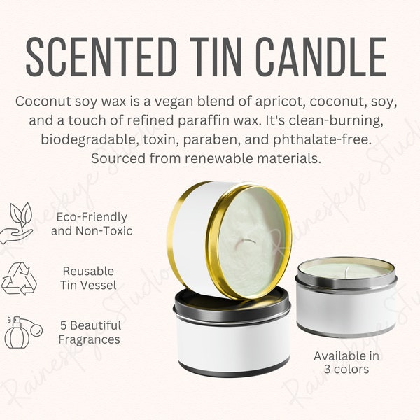 Scented Tin Candle Key Features and Candle Scent Descriptions, POD Etsy Seller Listing Tool, Includes 2 JPG Files