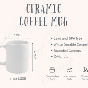 Keramiktassen-Größentabelle und Beschreibung, 11 Unzen Tassengröße Schlüsselmerkmale und Pflege, Kaffeetassen-Mockup, POD Etsy Verkäufertools