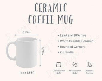 Tabla de tamaños y descripción de tazas de cerámica, características y cuidado de tazas de 11 oz, maqueta de taza de café, herramientas para vendedores de POD Etsy