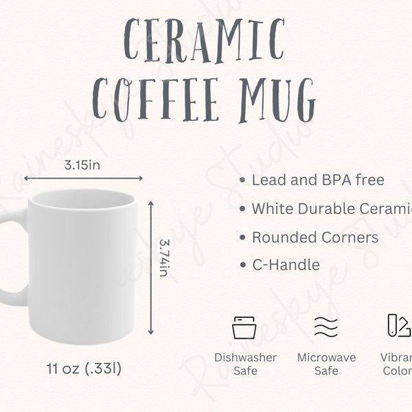 Ceramic Mug Size Chart and Description, 11oz Cup Size, Coffee Mug Mockup