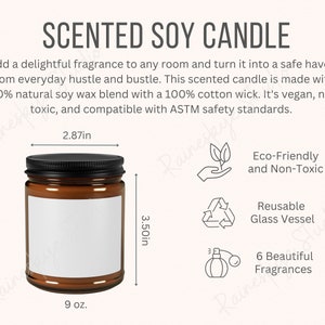 Tabela de tamanhos de frasco de âmbar de vela de soja perfumada de 9 onças e principais recursos, descrições de perfume de vela Ferramenta de listagem de vendedores Etsy, inclui 2 arquivos JPG