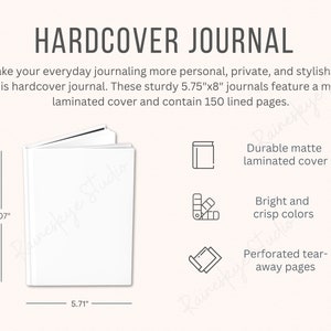 Hardcover Journal-maattabel en belangrijkste kenmerken, Matte Finish Journal-maattabel, Printify Journal Mockup voor Etsy-verkopers, Etsy-verkoperstools