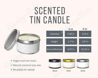 Tin Candle 4oz and 8oz Size Chart and Key Features, Candle Scent Descriptions, Printify Etsy Seller Listing Tool, Includes 2 JPG Files