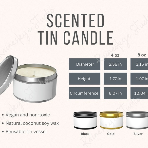 Tin Candle 4oz and 8oz Size Chart and Key Features, Candle Scent Descriptions, Printify Etsy Seller Listing Tool, Includes 2 JPG Files