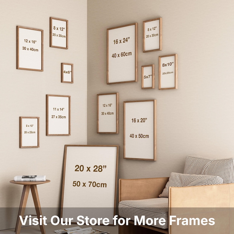 a collection of various framed artworks displayed on a wall, with sizes ranging from 8 to 16 inches. There is also a stool and a couch in the room, suggesting a cozy living space. The image does not contain any text that can be described in fewer than 500 characters.