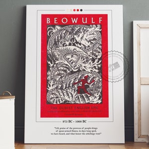 Poster di copertina del libro di Beowulf / Poster di Beowulf, Stampa di Beowulf, Poster di libri, Stampe di libri, Arte del libro, Arte della parete su tela di Beowulf, Regalo per gli amanti dei libri
