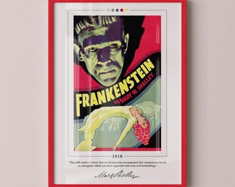 フランケンシュタインのブックカバーポスター | メアリー・シェリー、フランケンシュタインのポスター、フランケンシュタインのプリント、ブックポスター、キャンバスプリント、読書愛好家へのギフト
