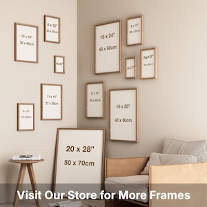 a collection of various framed artworks displayed on a wall, with sizes ranging from 8 to 16 inches. There is also a stool and a couch in the room, suggesting a cozy living space. The image does not contain any text that can be described in fewer than 500 characters.
